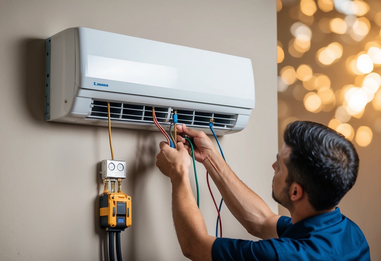 A technician mounts a ductless mini-split unit on a wall bracket while connecting the refrigerant lines and electrical wiring