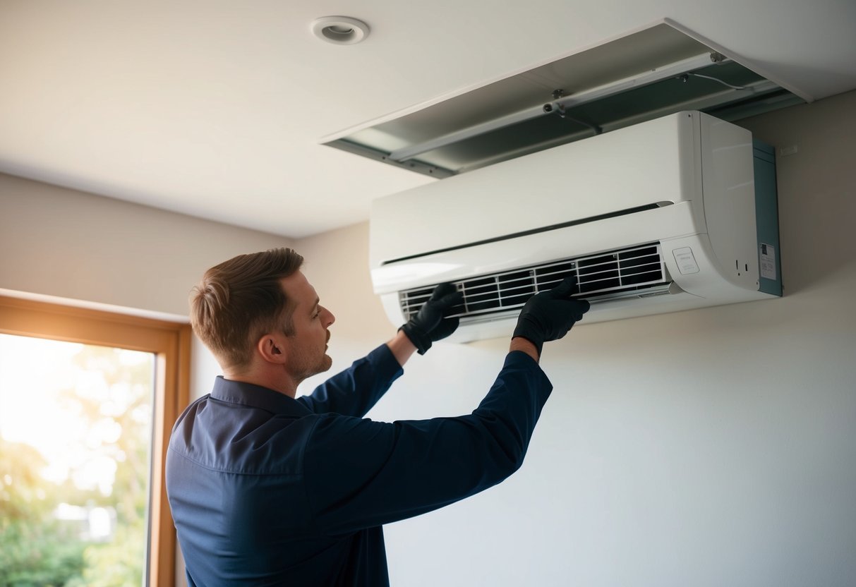 A technician installing a ductless mini-split system in a room, showing the ease of installation and the compact size of the unit