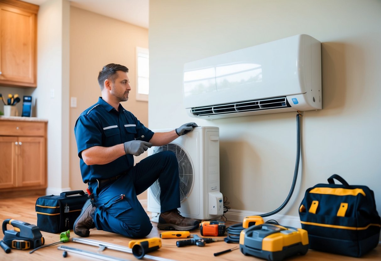 A technician installing a ductless mini-split system in a residential home, surrounded by various tools and equipment