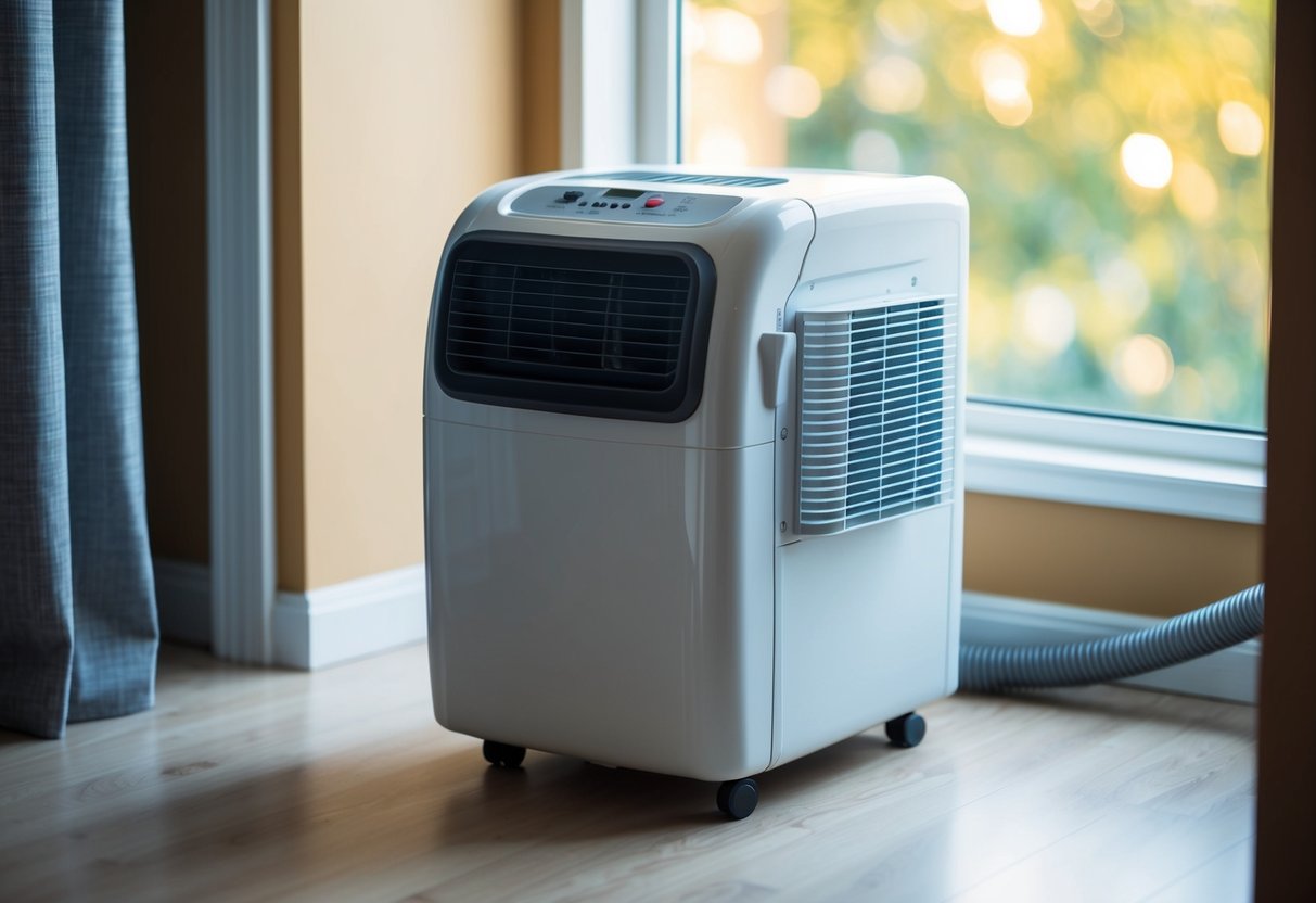 A portable air conditioner sitting in a small room, with adjustable temperature and fan speed controls, and a vent hose leading out the window