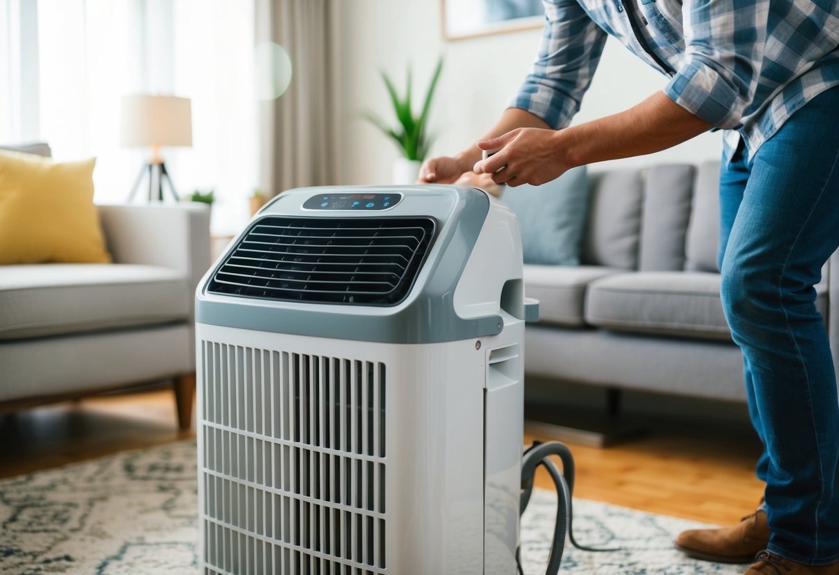 A portable air conditioner being unboxed and assembled in a living room, with a focus on the key features such as adjustable vents and easy-to-use control panel
