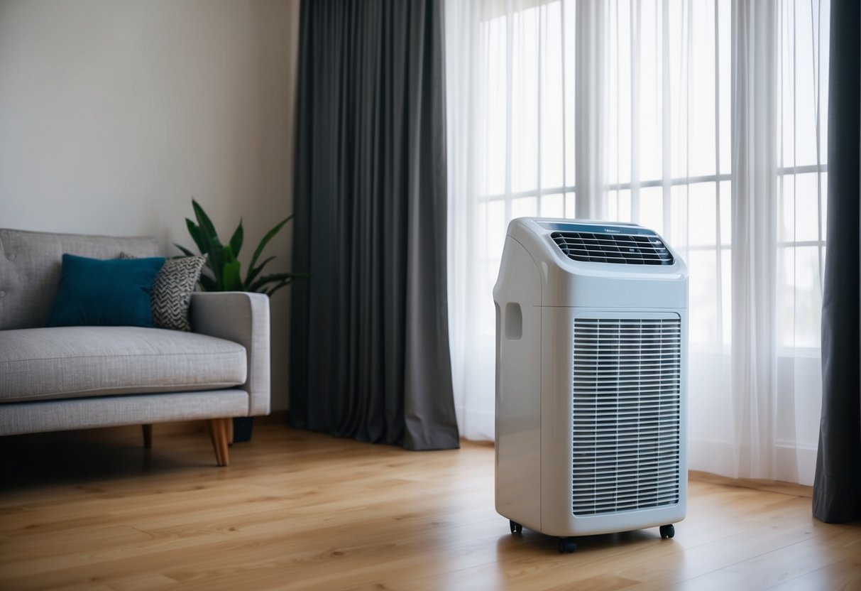 A portable air conditioner placed in a well-ventilated room, with curtains drawn and windows closed to maximize energy efficiency