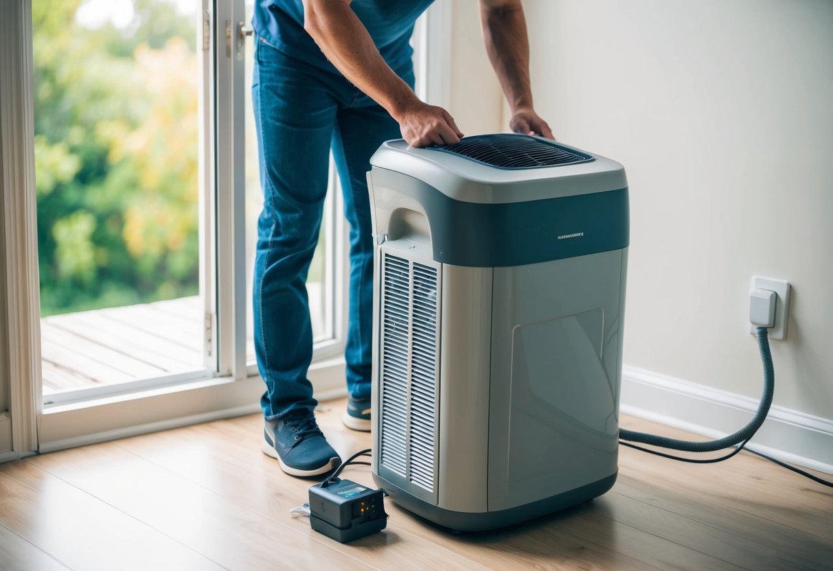 A person unpacks and installs a portable air conditioner in a well-lit room with an open window. The unit is placed near an electrical outlet and is being connected to the window vent kit