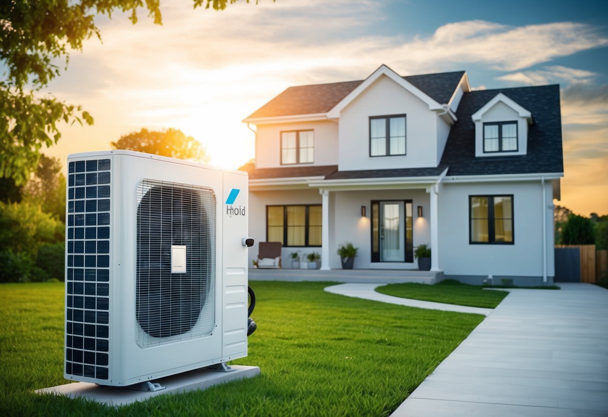 A modern house with a hybrid air conditioning system, showing reduced energy consumption and lower cost on energy bills