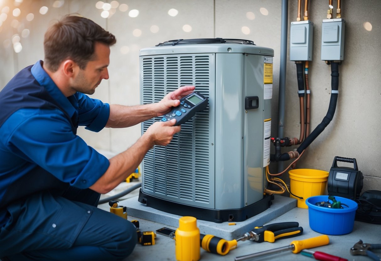 A technician adjusting settings on a hybrid air conditioning system with various components and tools scattered around the installation area