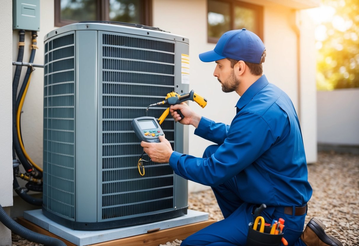An illustration of a technician diagnosing a hybrid AC system with tools and equipment, identifying common issues and implementing solutions