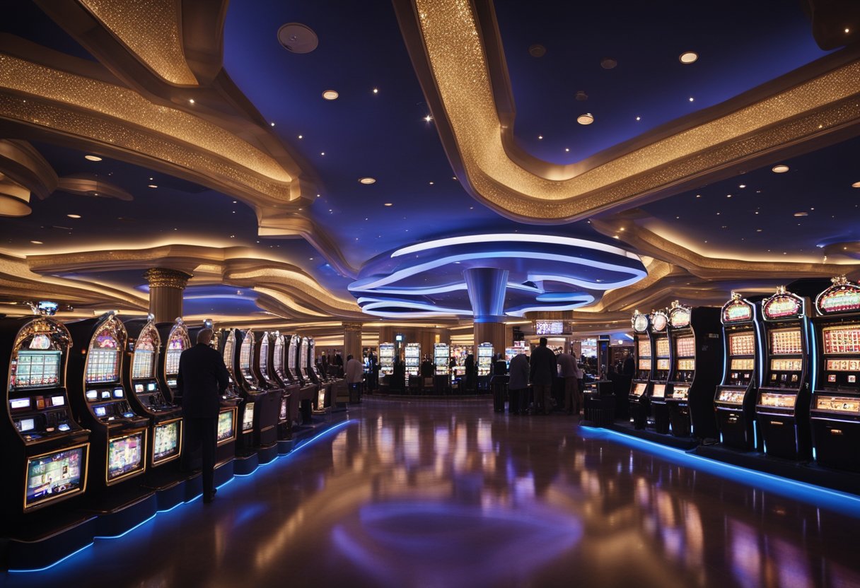A bustling casino floor transitions seamlessly into a digital landscape filled with smartphones and online gambling