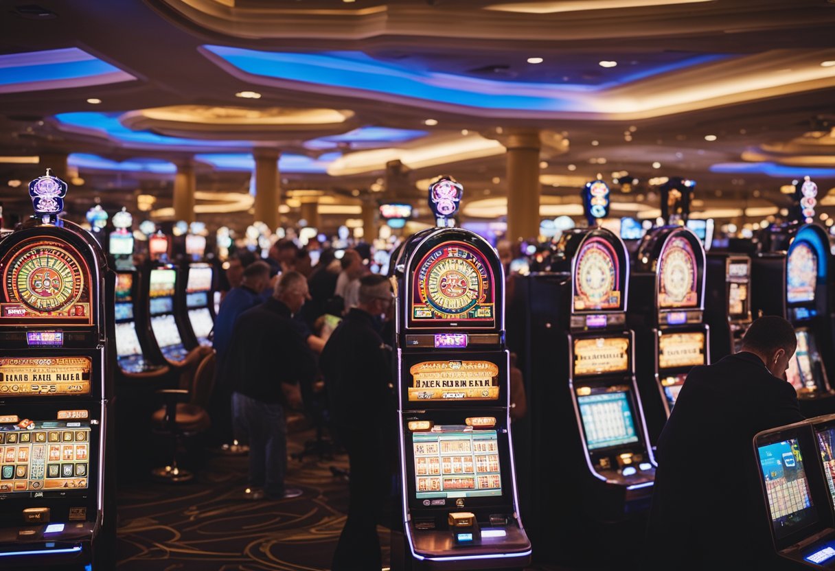 A bustling casino floor filled with rows of slot machines and patrons on their smartphones, capturing Pennsylvania's evolution into a dominant force in online gambling