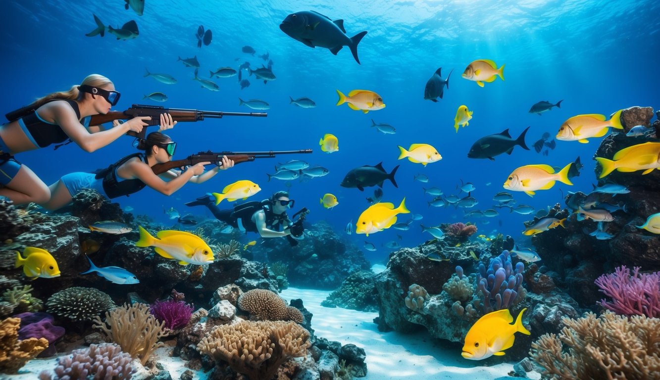 Dunia bawah laut yang berwarna-warni dengan berbagai makhluk laut yang berenang di sekitar, sementara sekelompok pemain mengarahkan senjata mereka ke ikan.