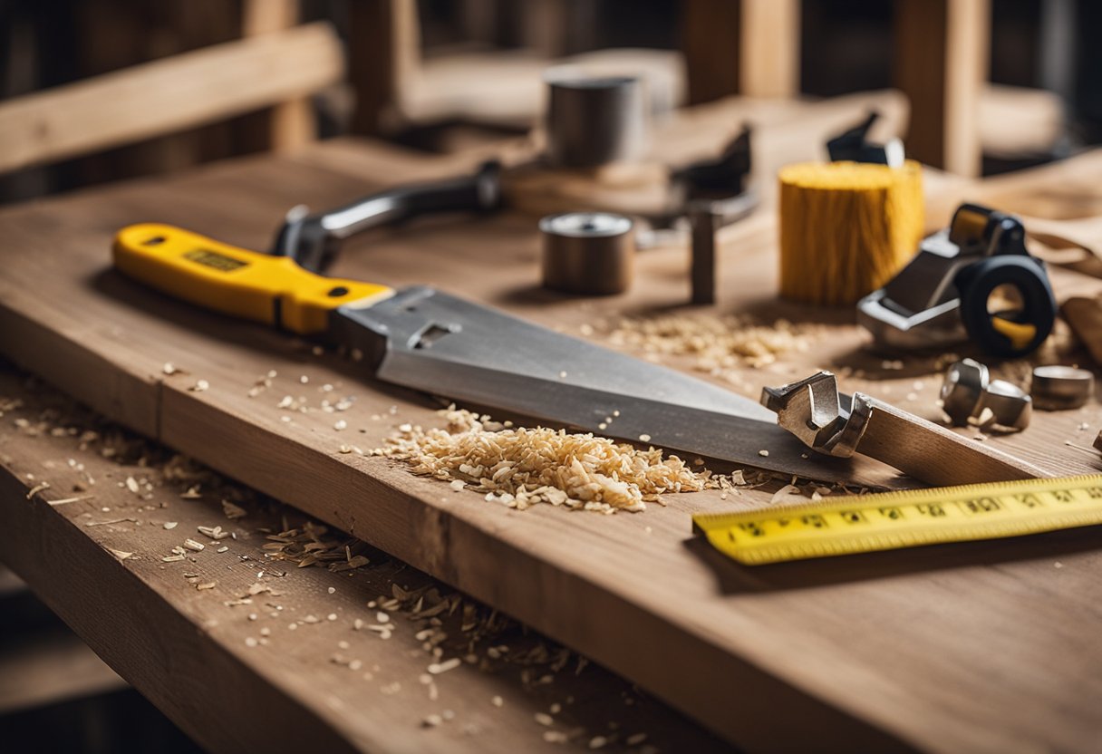 A wooden workbench with tools, measuring tape, and a stack of rough-cut lumber. Sawdust and wood shavings litter the floor