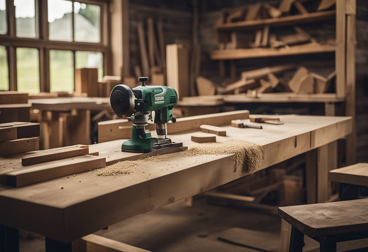 A workbench with saw, drill, sandpaper, and wood, surrounded by rustic corbels in progress, with a farmhouse backdrop
