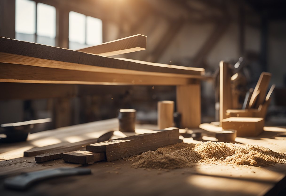 A wooden workbench with tools, measuring tape, and a stack of rough-cut lumber. Sawdust scattered around. Sunlight streams through a nearby window