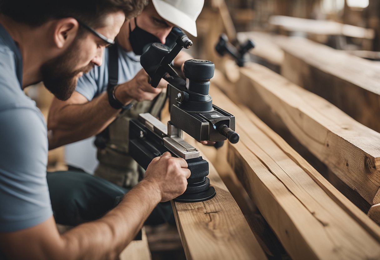 A pair of weathered wooden planks being measured, sawed, sanded, and assembled into rustic corbels with traditional woodworking tools