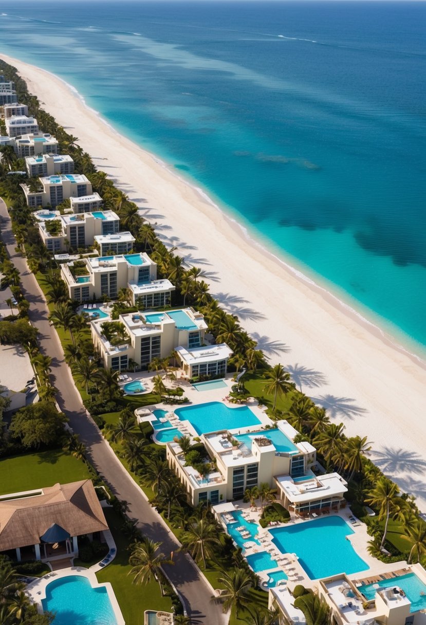 7 Best Resorts in Mexico for a Dreamy Getaway 1 Aerial view of 7 luxurious resorts in Mexico, nestled along the coastline with palm trees, white sandy beaches, and crystal-clear blue waters