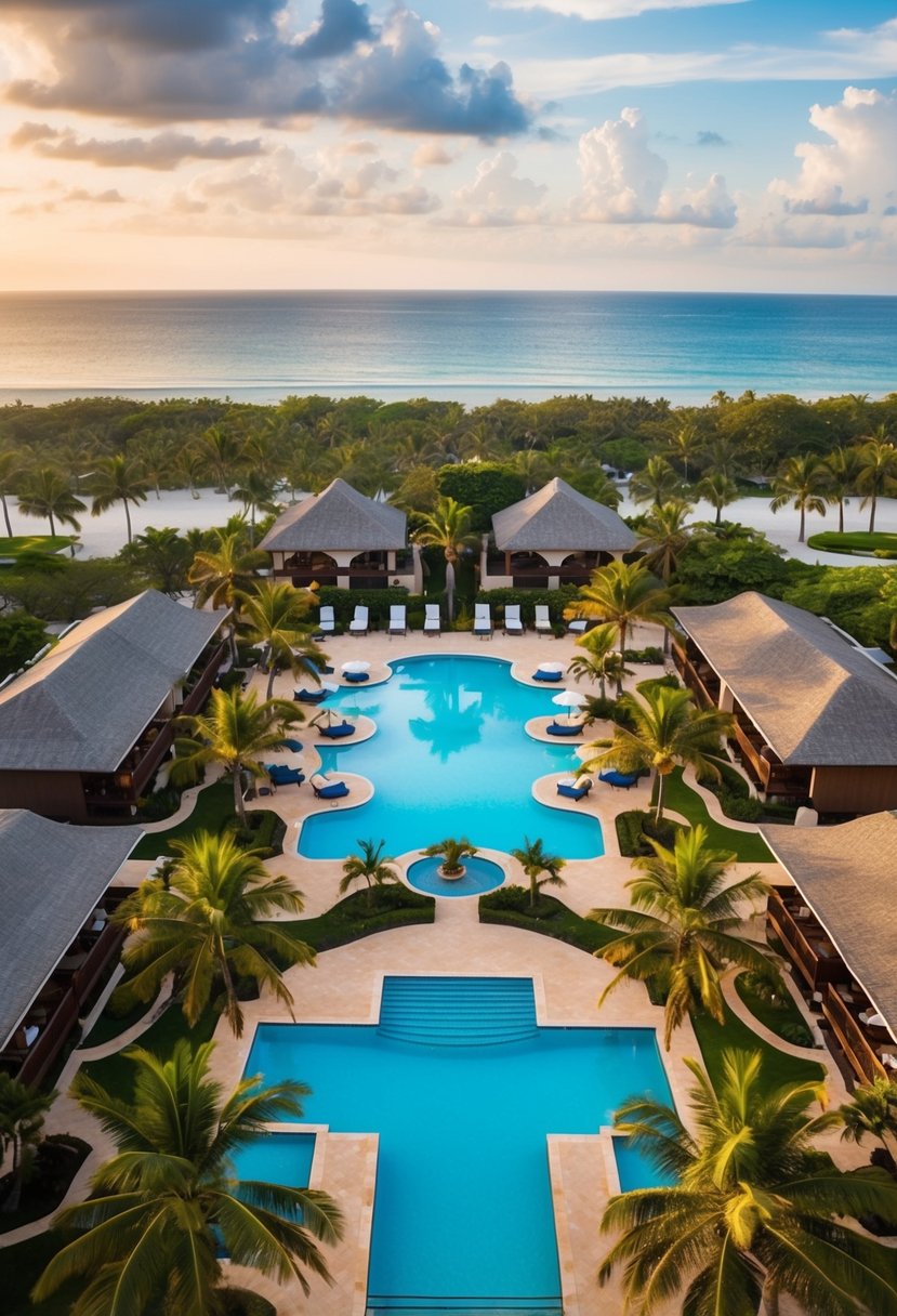7 Best Resorts in Mexico for a Dreamy Getaway 12 Aerial view of 7 luxurious Mexican resorts with pools, palm trees, and beachfront cabanas