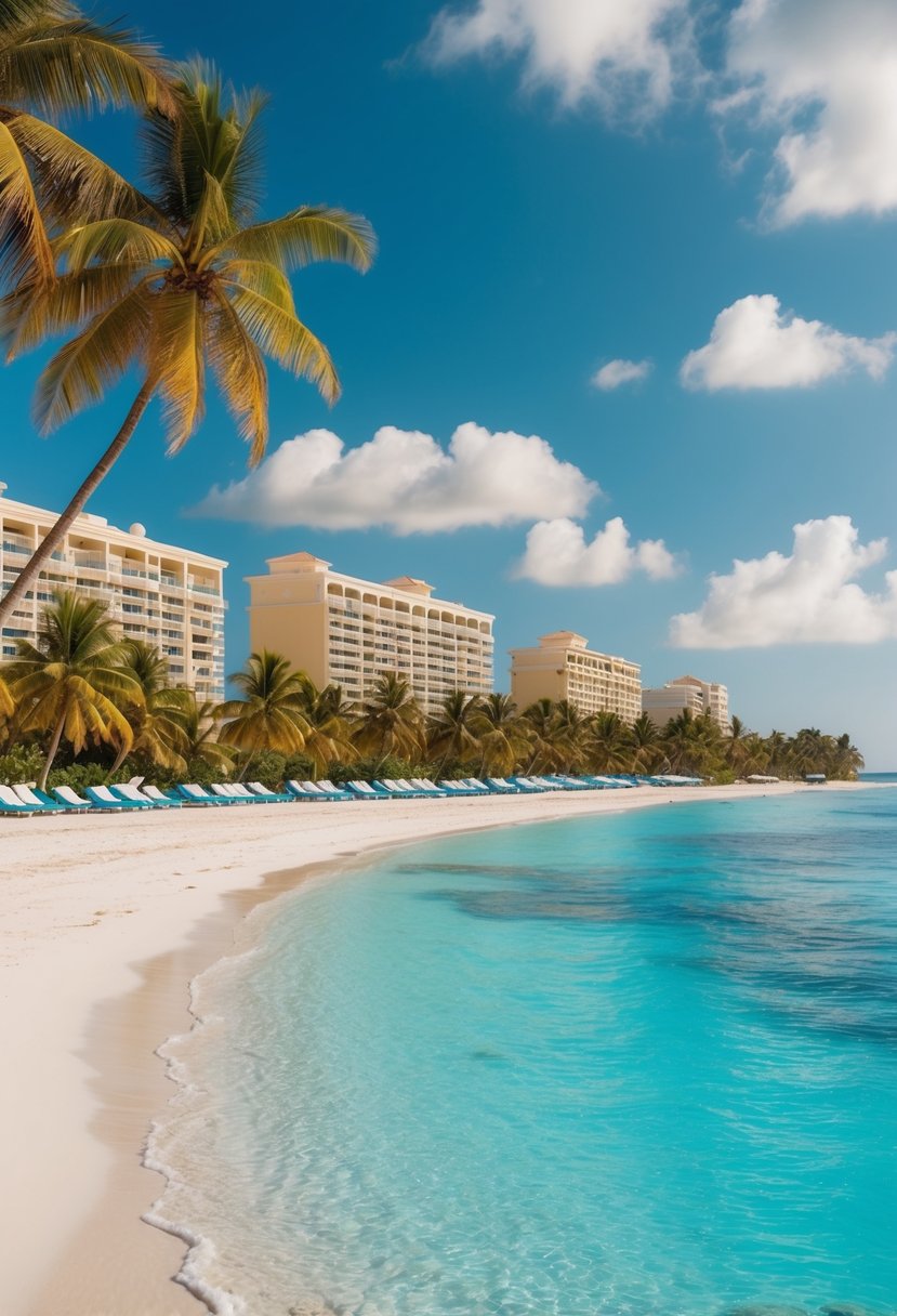 7 Best Resorts in Mexico for a Dreamy Getaway 14 A tropical beach with palm trees, crystal-clear water, and luxurious resort buildings lining the shore