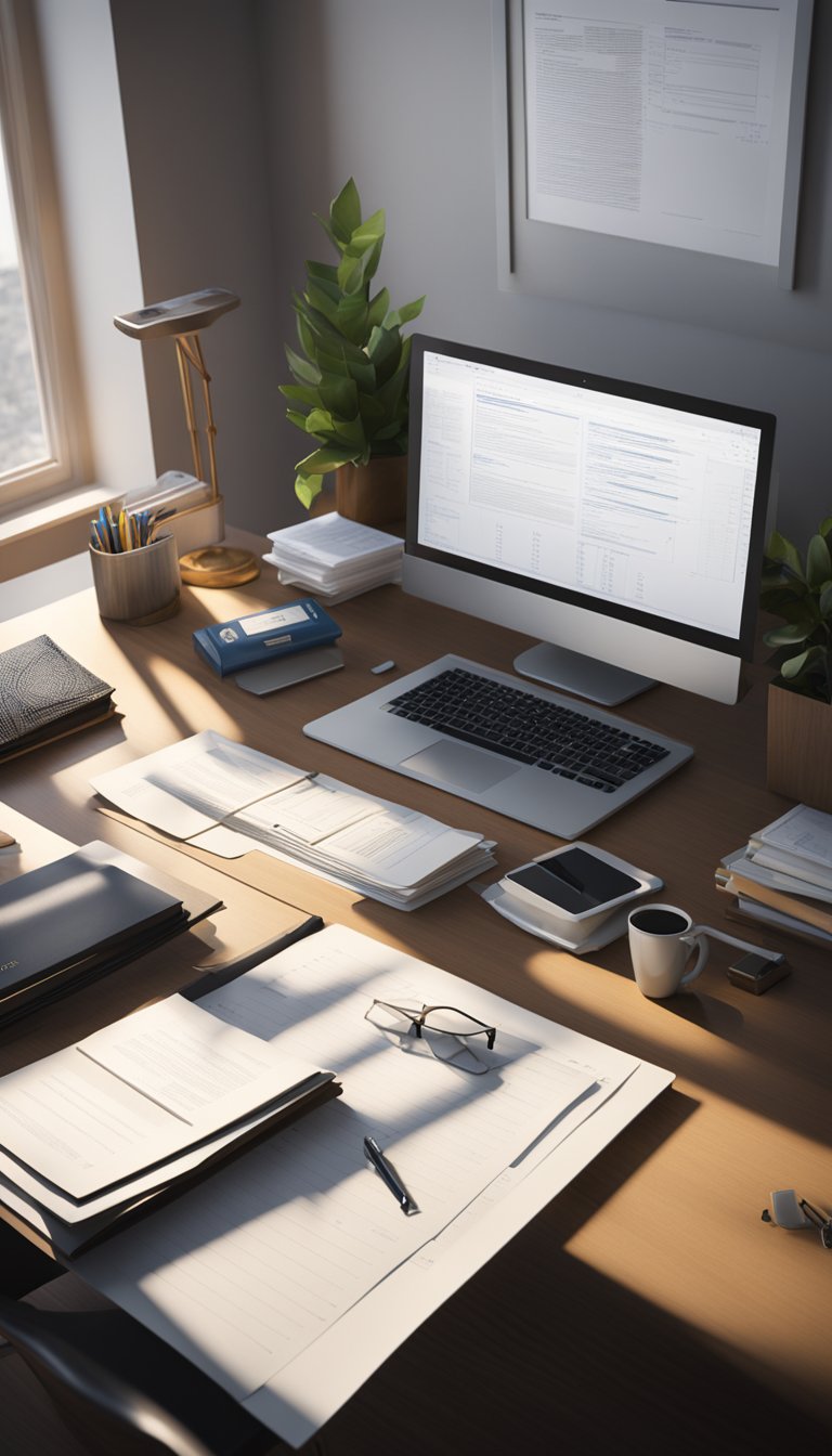 A lawyer's office desk with legal documents, a computer, and a calculator