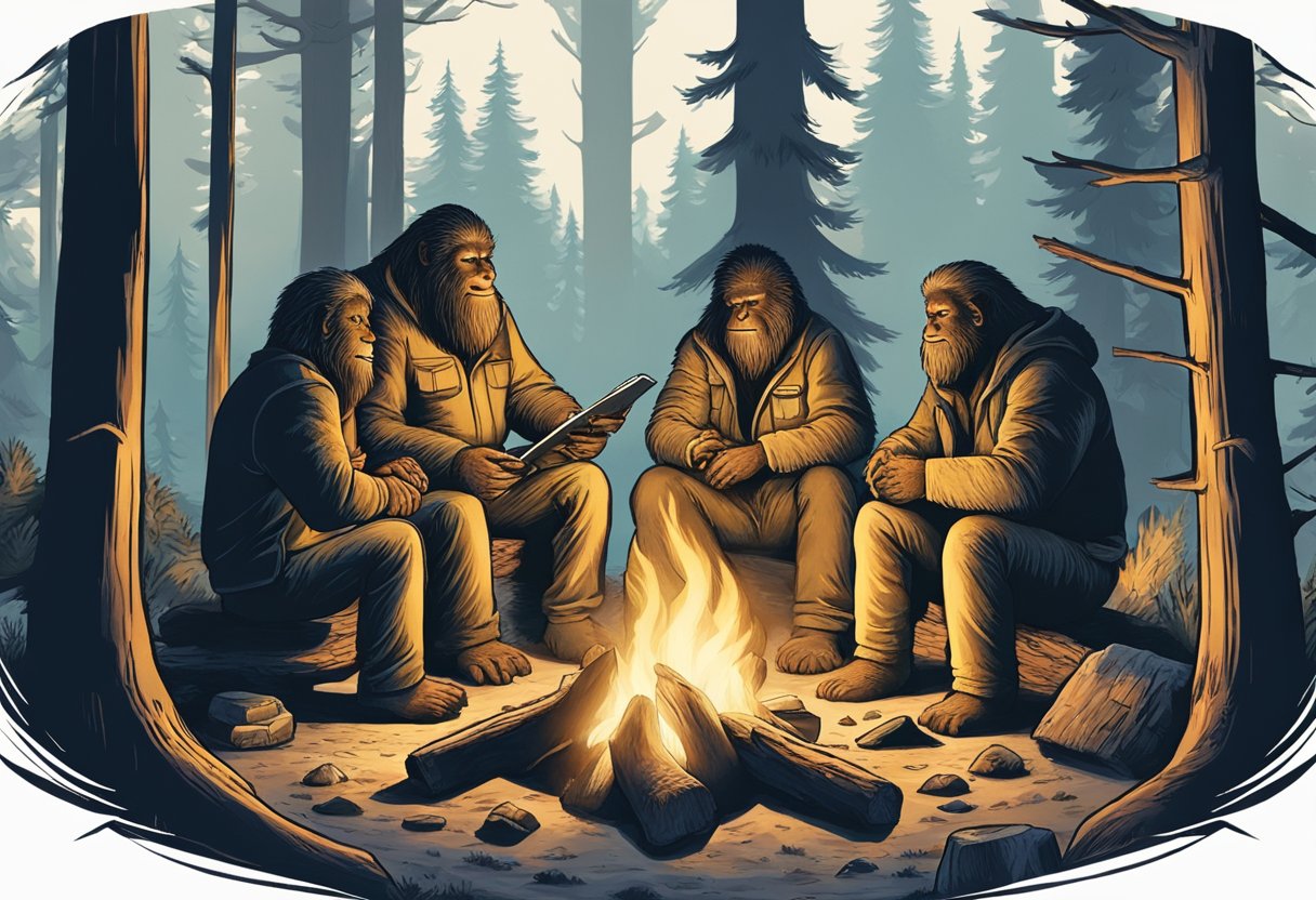 A group of bigfoot researchers gather around a campfire, sharing stories and listening attentively to each other. They show respect by taking turns and acknowledging each other's experiences