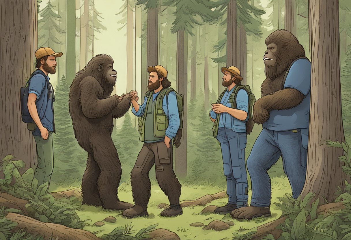 A group of bigfoot researchers gather in a forest clearing, exchanging respectful gestures and maintaining a peaceful, non-intrusive presence
