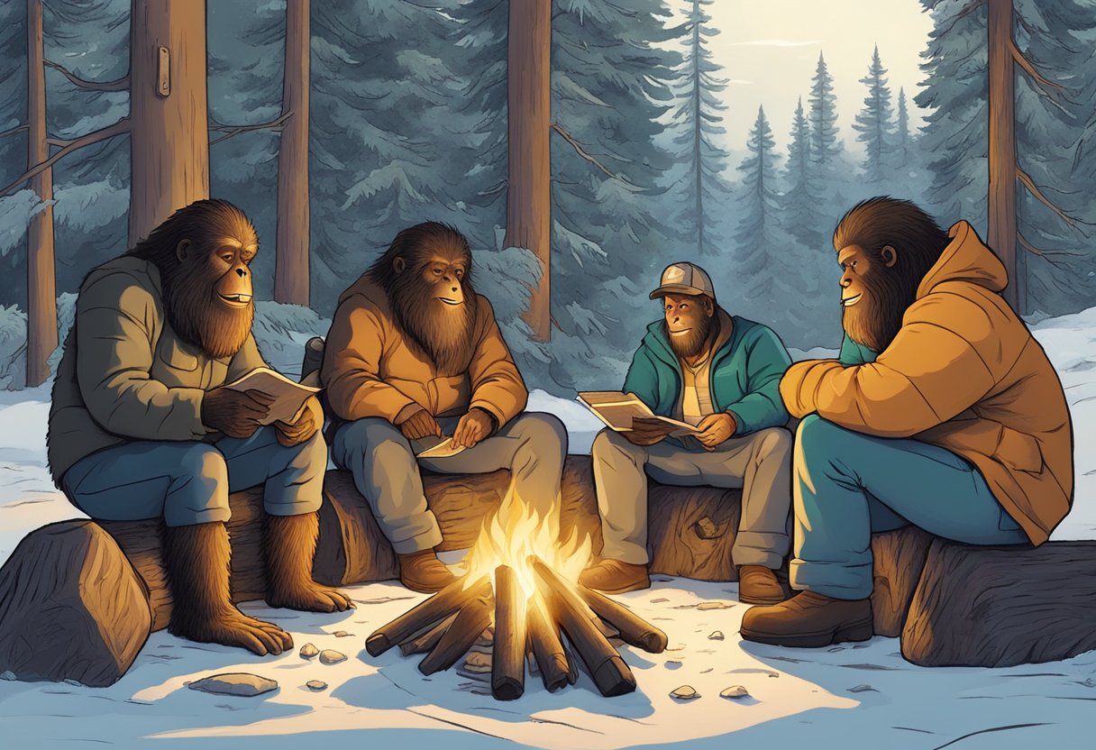 A group of bigfoot researchers gather around a campfire, sharing stories and discussing the importance of mutual respect within their community