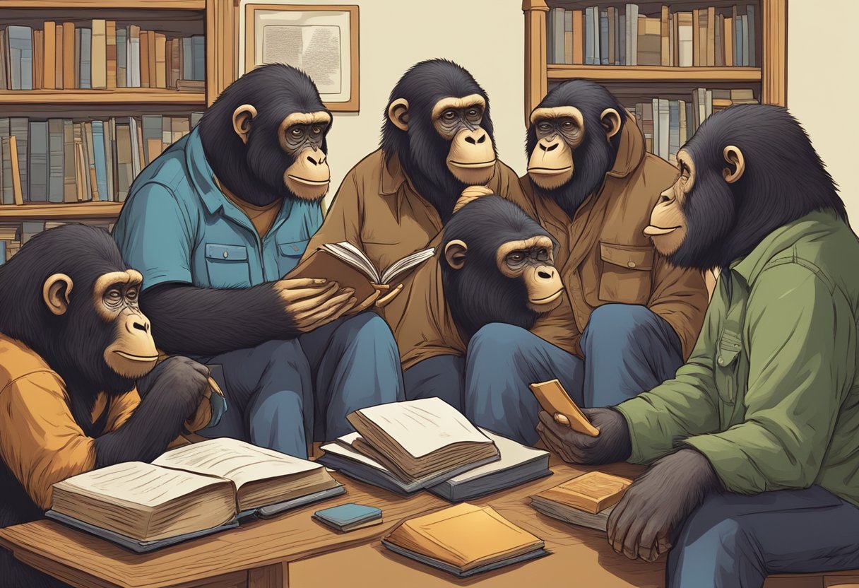 A group of apes engage in heated discussions, gesturing and vocalizing their arguments while surrounded by books on anthropology and bigfoot research