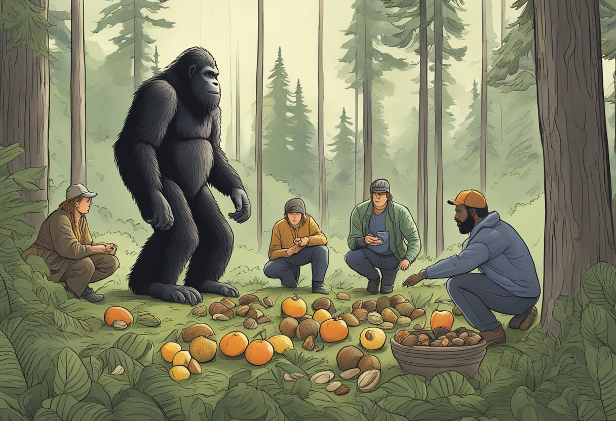 A group of researchers quietly observe a forest clearing, leaving offerings of fruit and nuts for Bigfoot. They show respect for the elusive creature