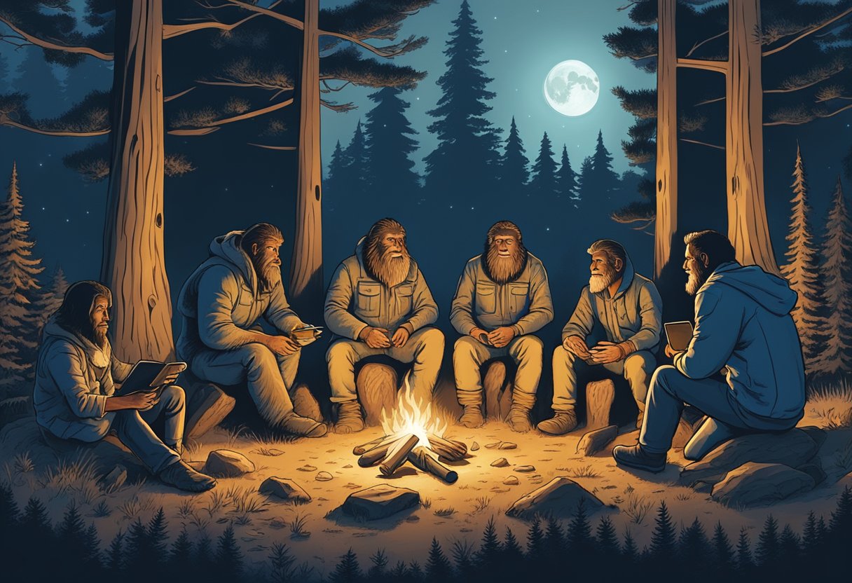 A group of bigfoot researchers gather around a campfire, discussing and creating a code of conduct. The moon shines overhead, casting a soft glow on the forest around them
