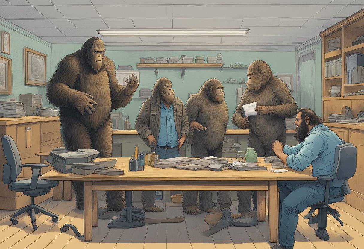 A group of bigfoot researchers stand around a table, some eagerly sharing evidence while others hoard their findings, causing tension in the room