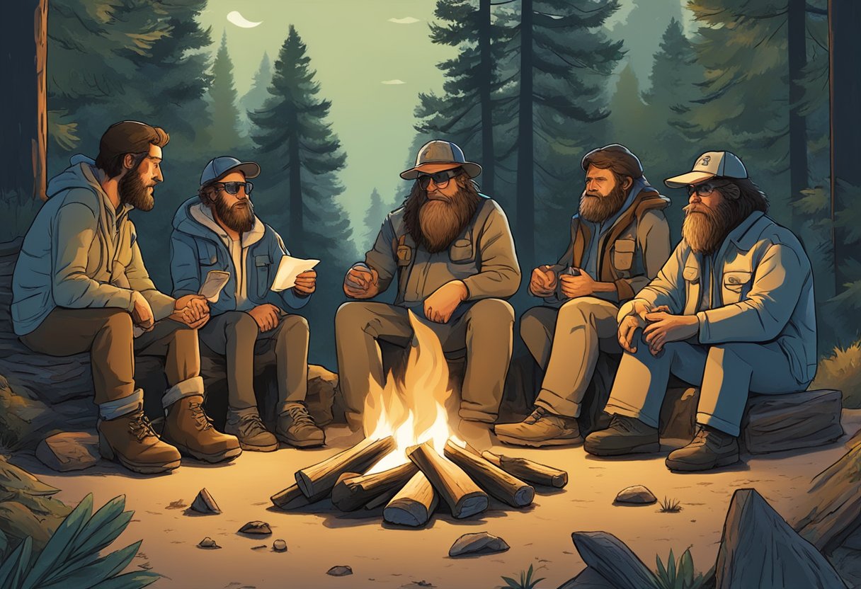 A group of bigfoot researchers gather around a campfire, exchanging ideas and listening to each other with respect and open-mindedness
