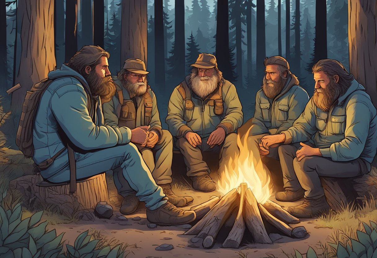 A group of bigfoot researchers gather around a campfire in the remote Hairy Hinterlands, discussing the need for mutual respect and harmony within their community