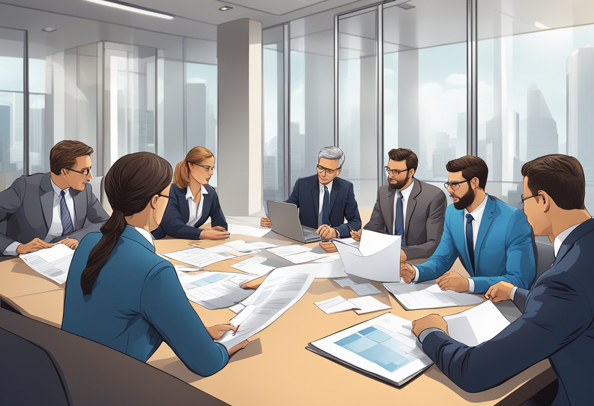 Eine Gruppe von Geschäftsleuten, die in einem Konferenzraum Dokumente besprechen und überprüfen.