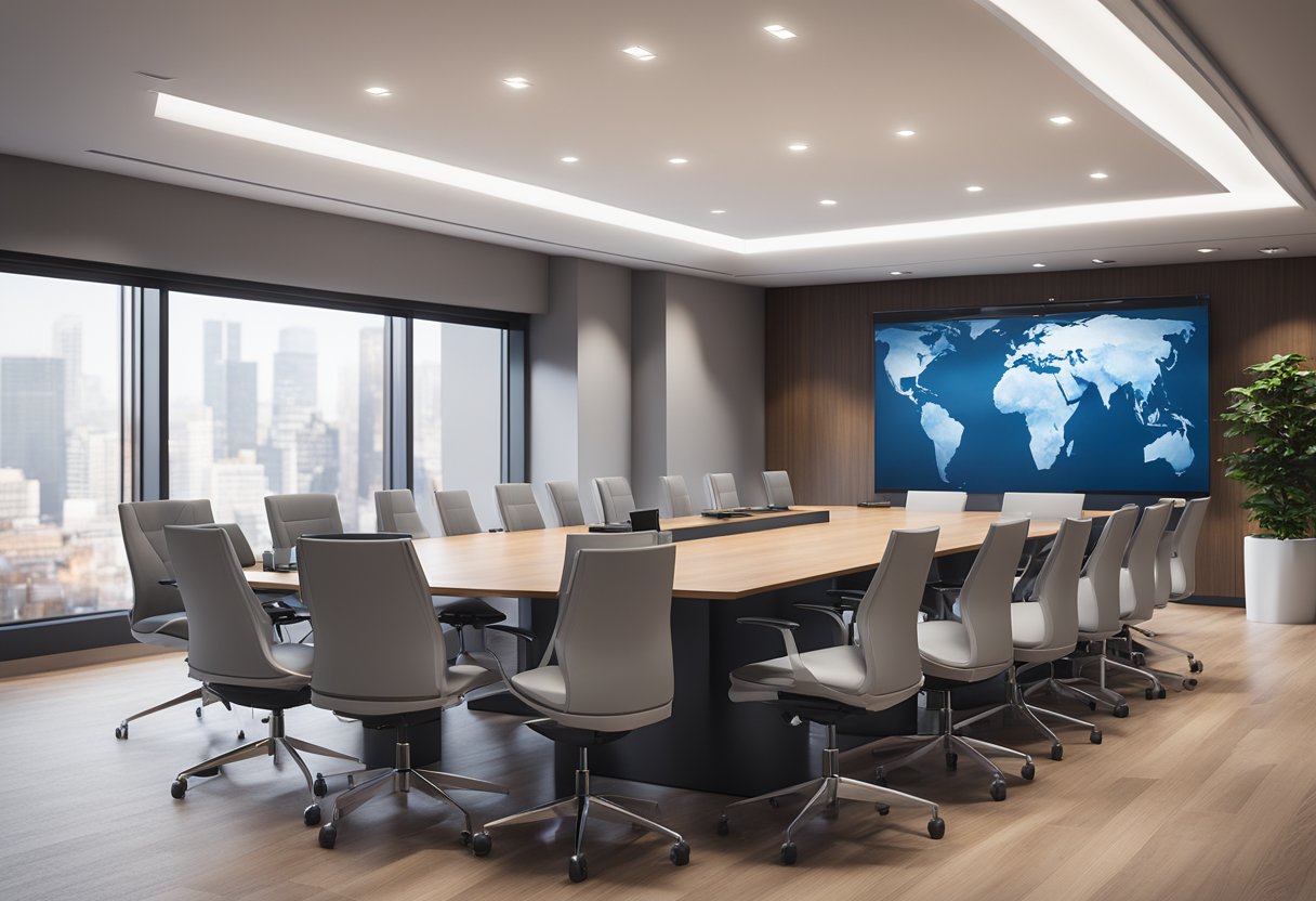 A sleek conference room with integrated AV systems, including large displays, video conferencing equipment, and seamless connectivity