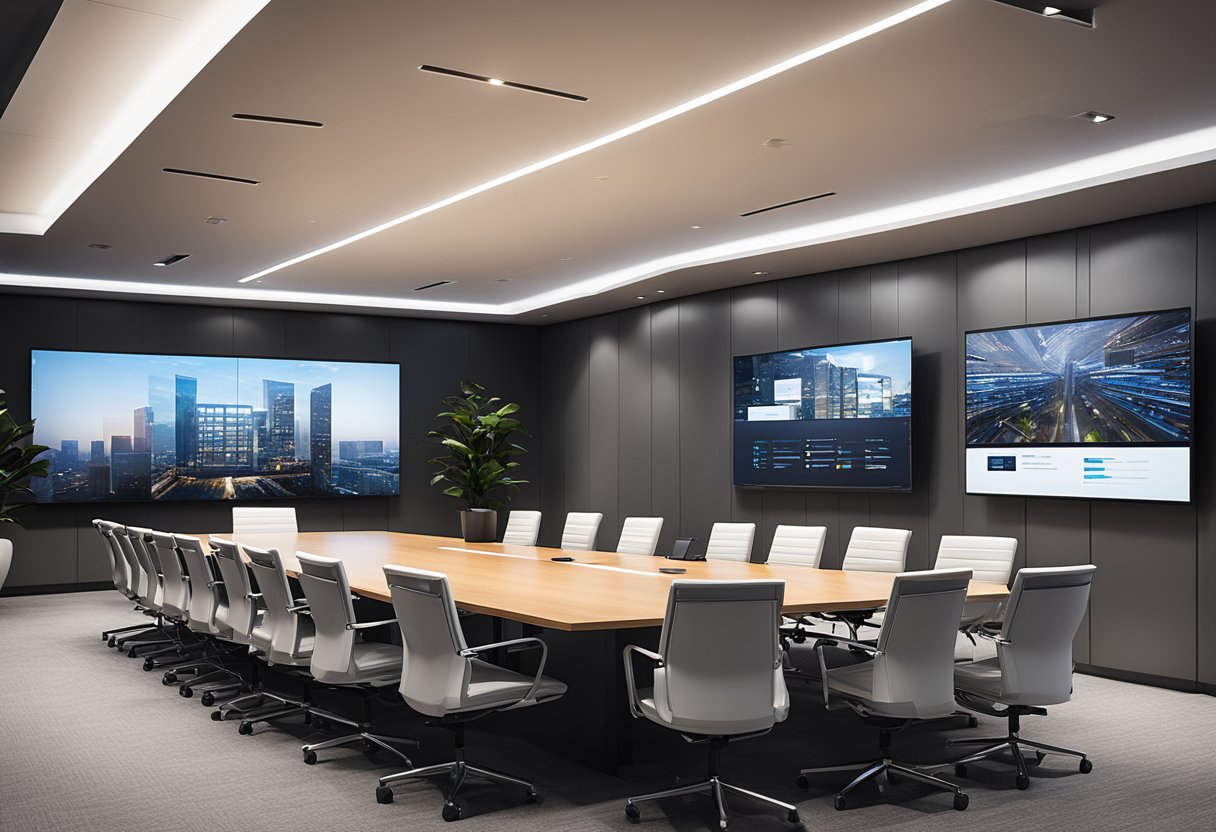 A sleek conference room with integrated AV systems, including large displays, speakers, microphones, and control panels, all seamlessly connected for seamless corporate collaboration