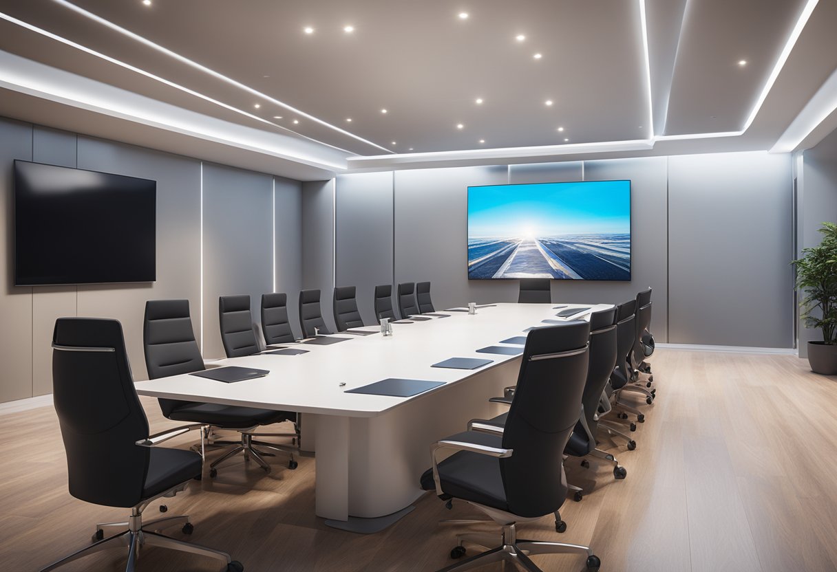 A sleek conference room with integrated AV systems, including large display screens, video conferencing equipment, and smart control panels