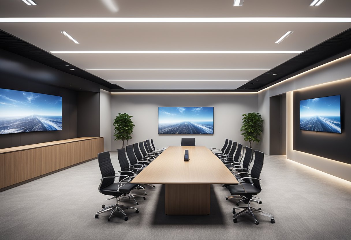 A sleek, modern office conference room with integrated AV systems, large display screens, and high-tech audio equipment