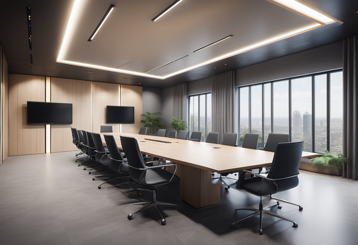 A sleek, modern conference room with state-of-the-art audiovisual equipment seamlessly integrated into the space