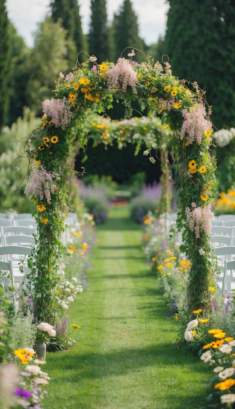 A lush archway of vibrant wildflowers entwined with delicate vines, creating a whimsical and enchanting entrance to a garden wedding