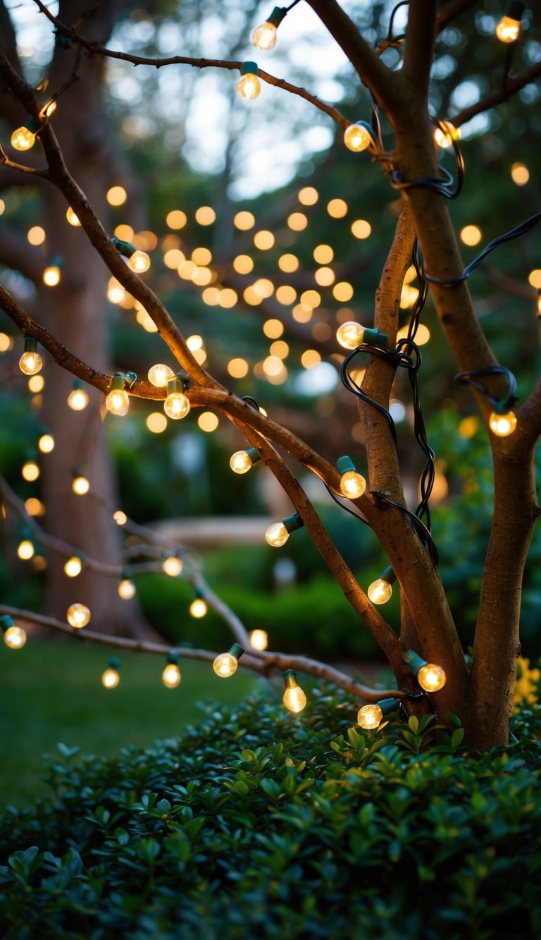 Fairy lights twinkle among tree branches in a whimsical garden setting