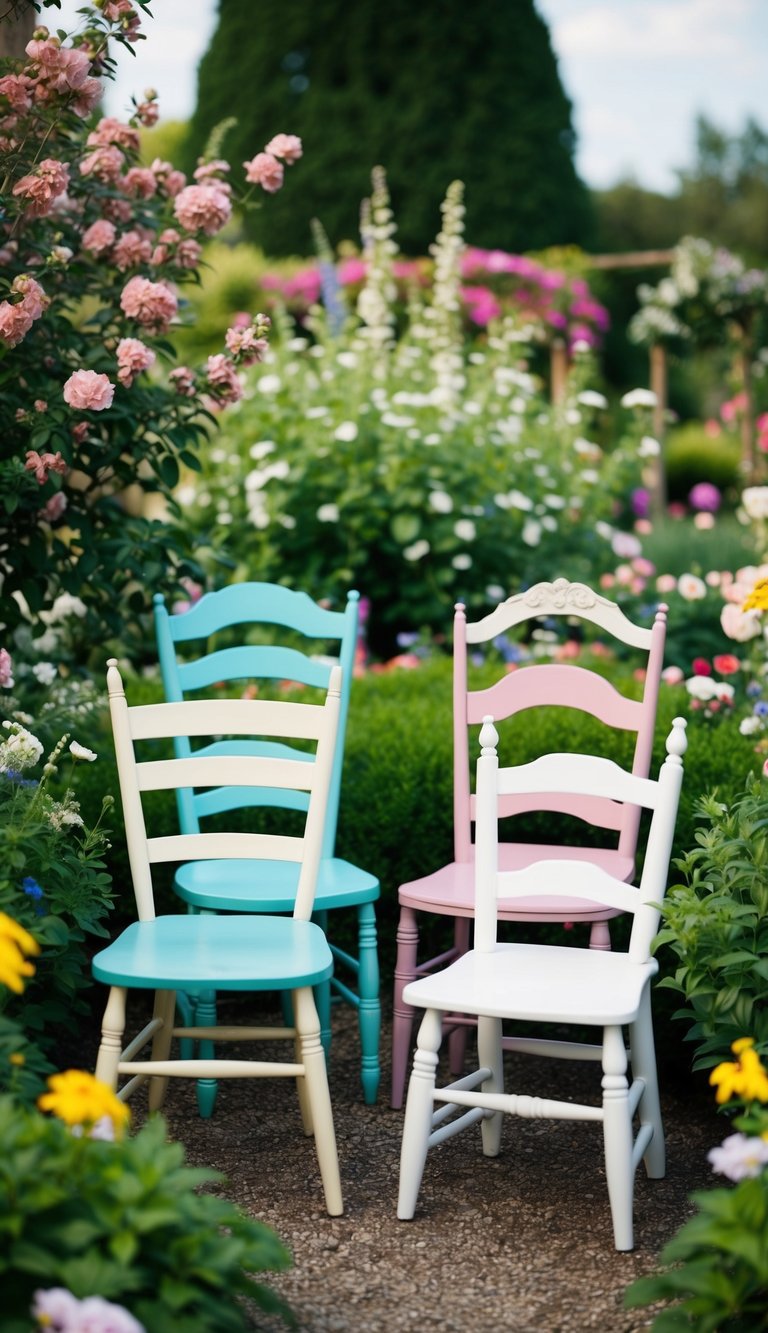Mismatched vintage chairs arranged in a whimsical garden setting, surrounded by blooming flowers and greenery