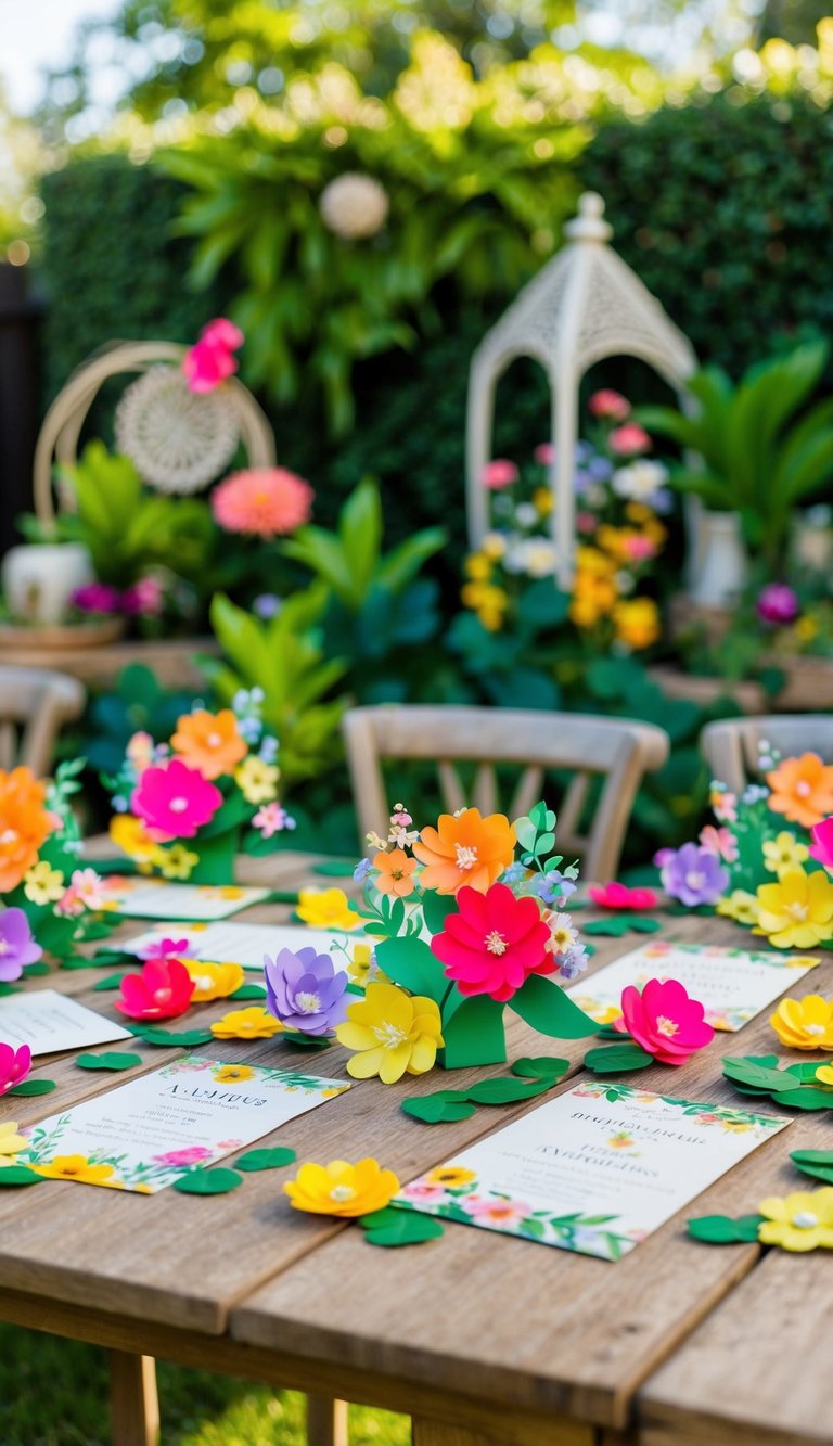 A lush garden setting with colorful 3D floral invitations scattered on a rustic wooden table, surrounded by whimsical garden decor and greenery
