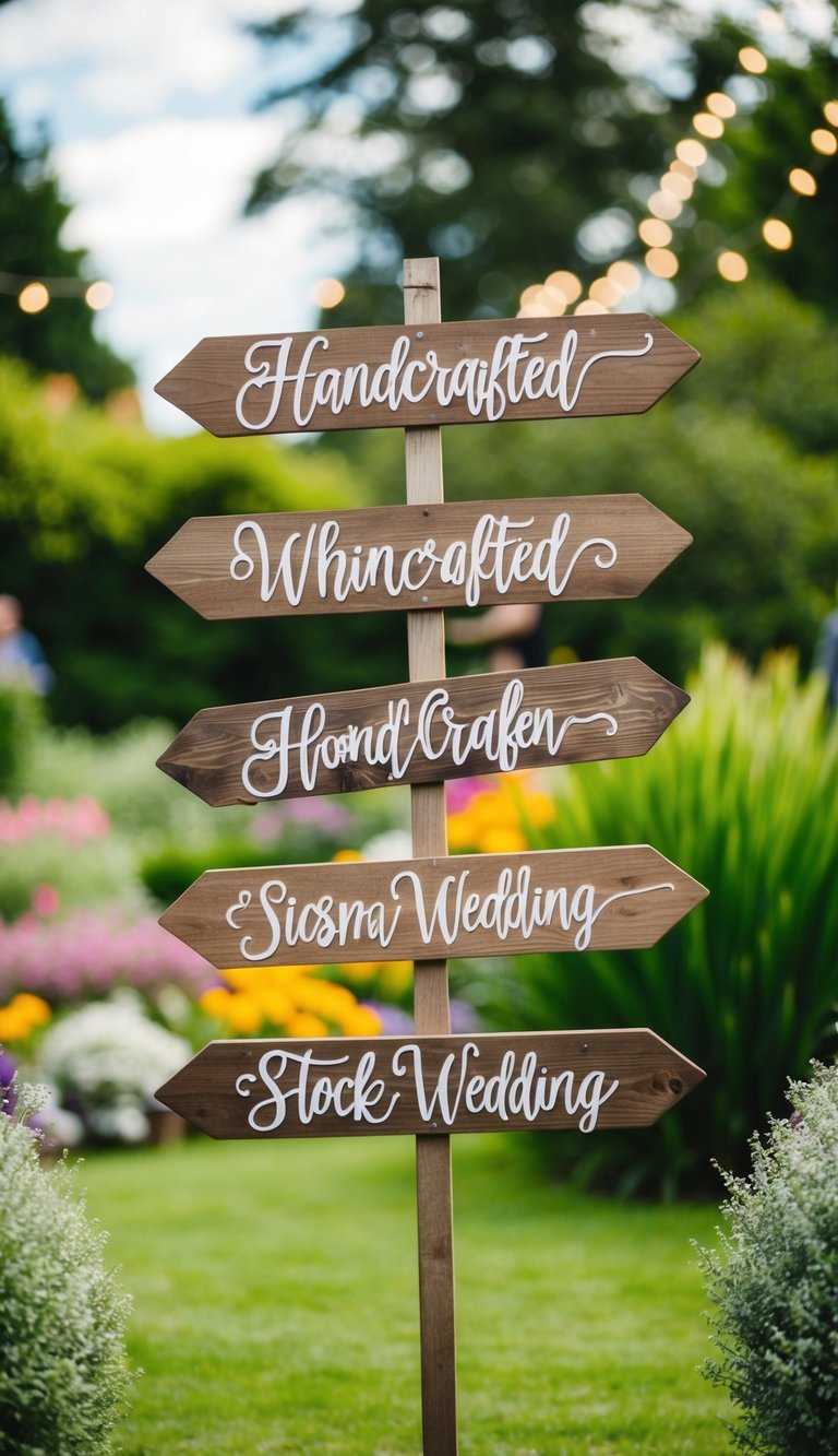 A whimsical garden wedding scene with handcrafted wooden signage
