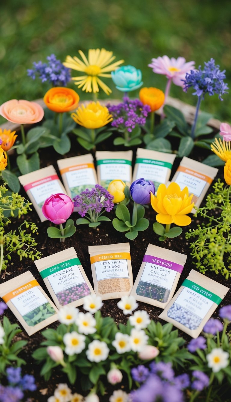A colorful array of personalized seed packet favors arranged in a garden setting, surrounded by whimsical flowers and greenery