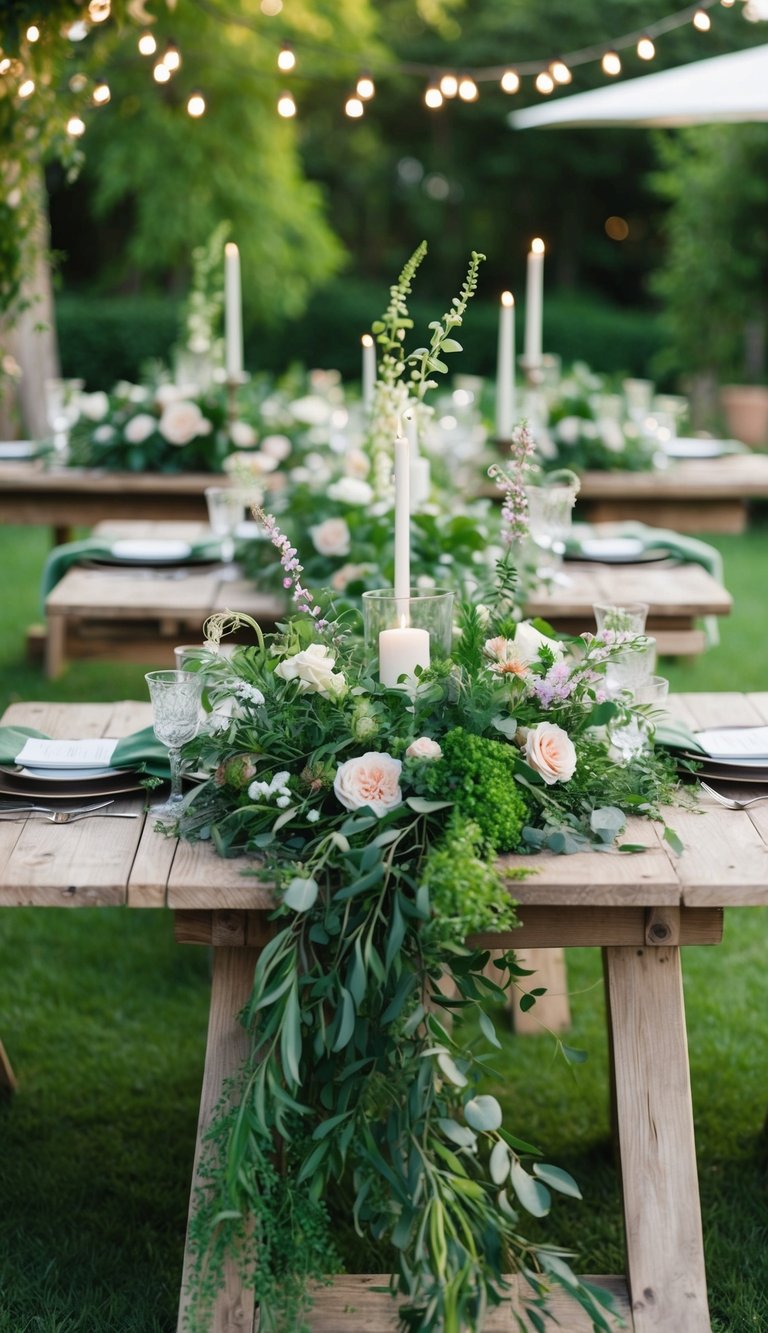 Lush greenery spills over rustic wooden tables, intertwined with delicate flowers and whimsical accents, creating enchanting centerpieces for a garden wedding