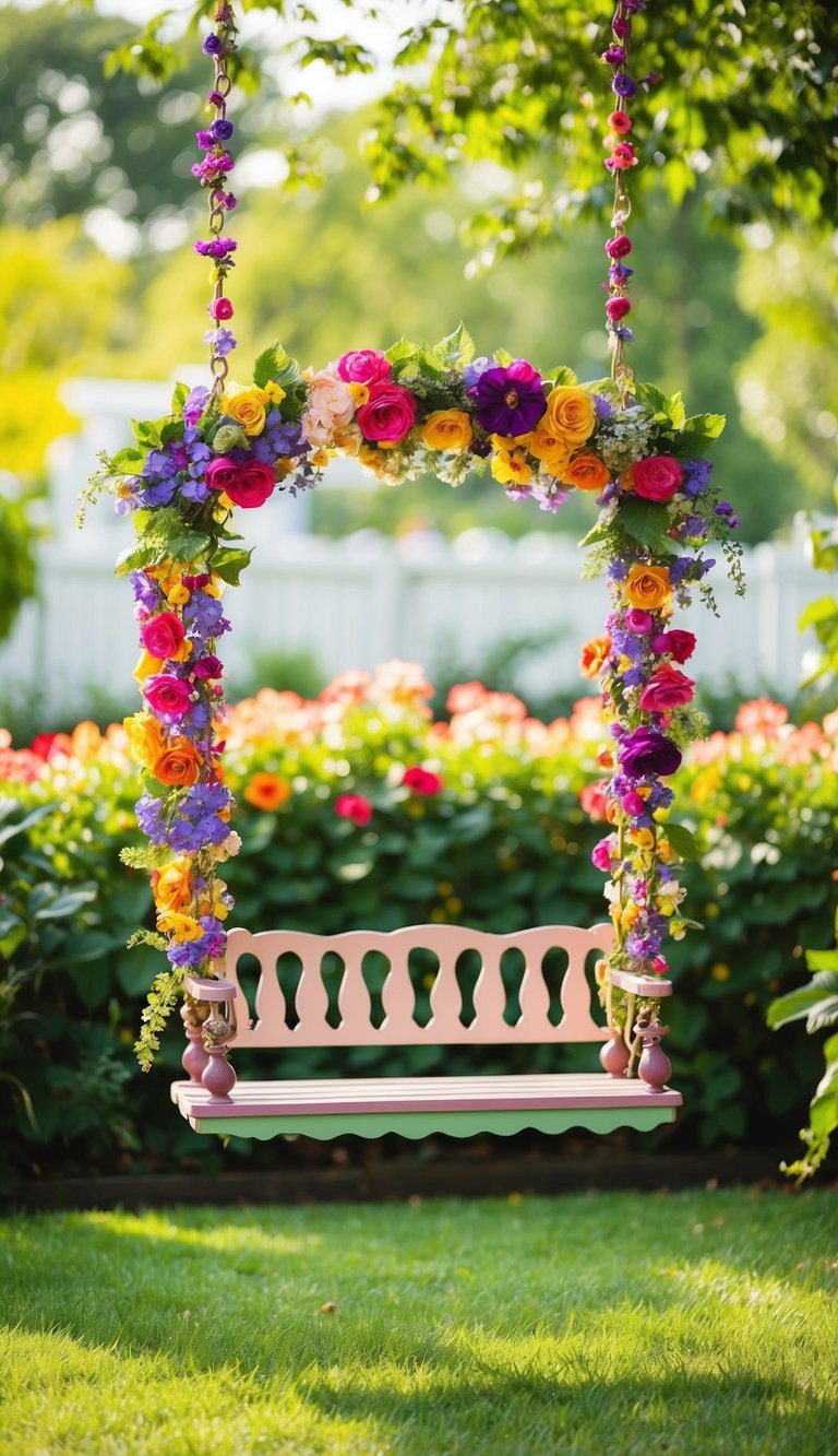 A whimsical swing adorned with colorful flowers in a lush garden setting