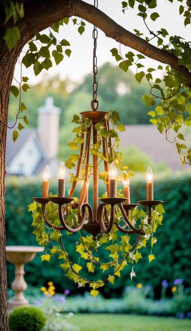 A rustic chandelier adorned with ivy hangs from a tree in a whimsical garden setting