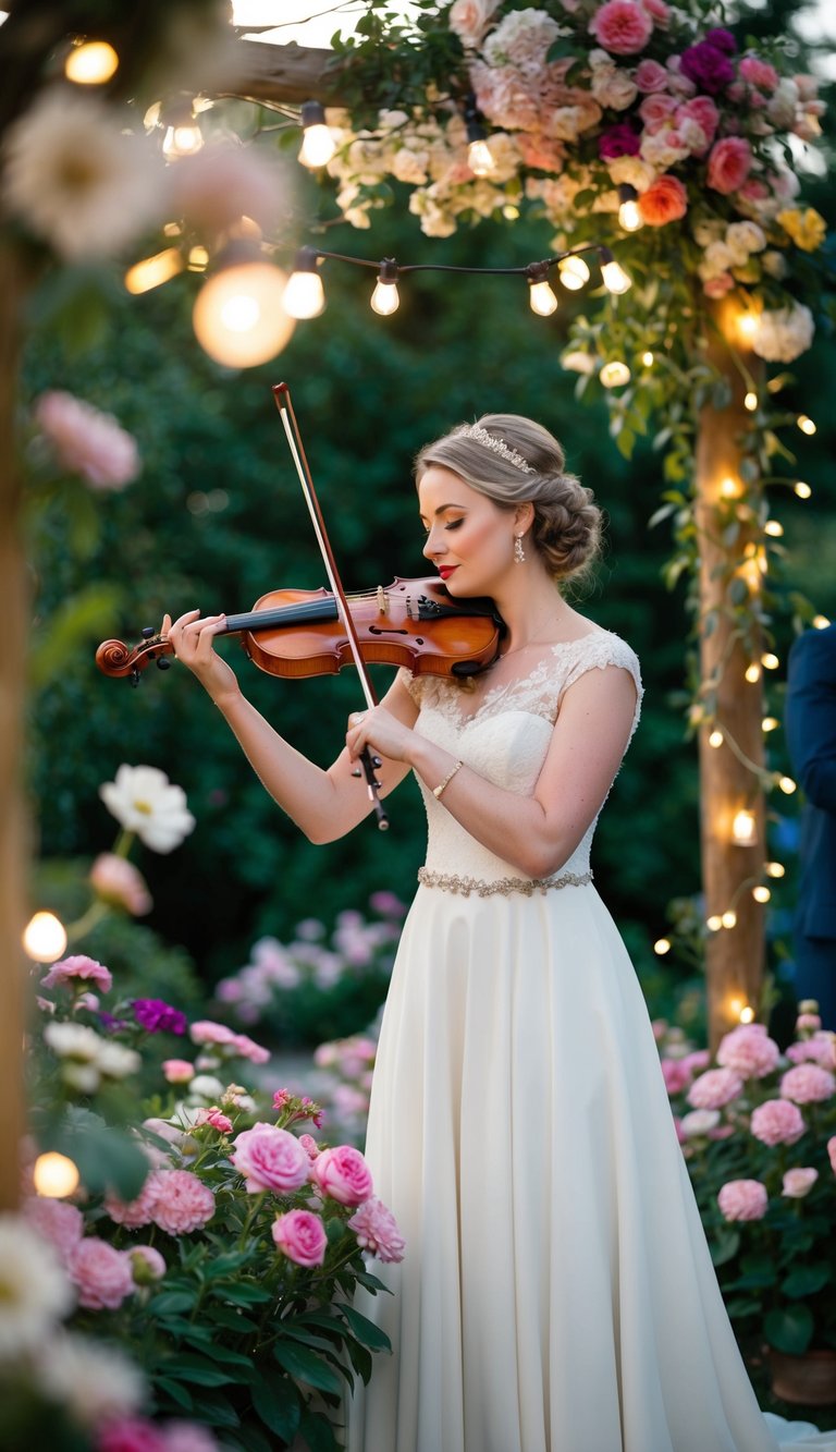 A violinist plays amidst blooming flowers and twinkling lights in a whimsical garden wedding setting