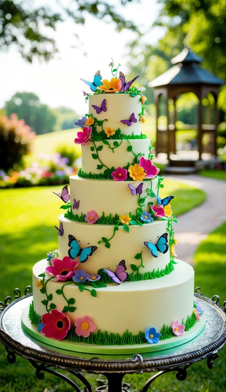 A whimsical garden-themed cake with colorful flowers, butterflies, and vines cascading down the tiers. A charming gazebo and winding path complete the enchanting scene