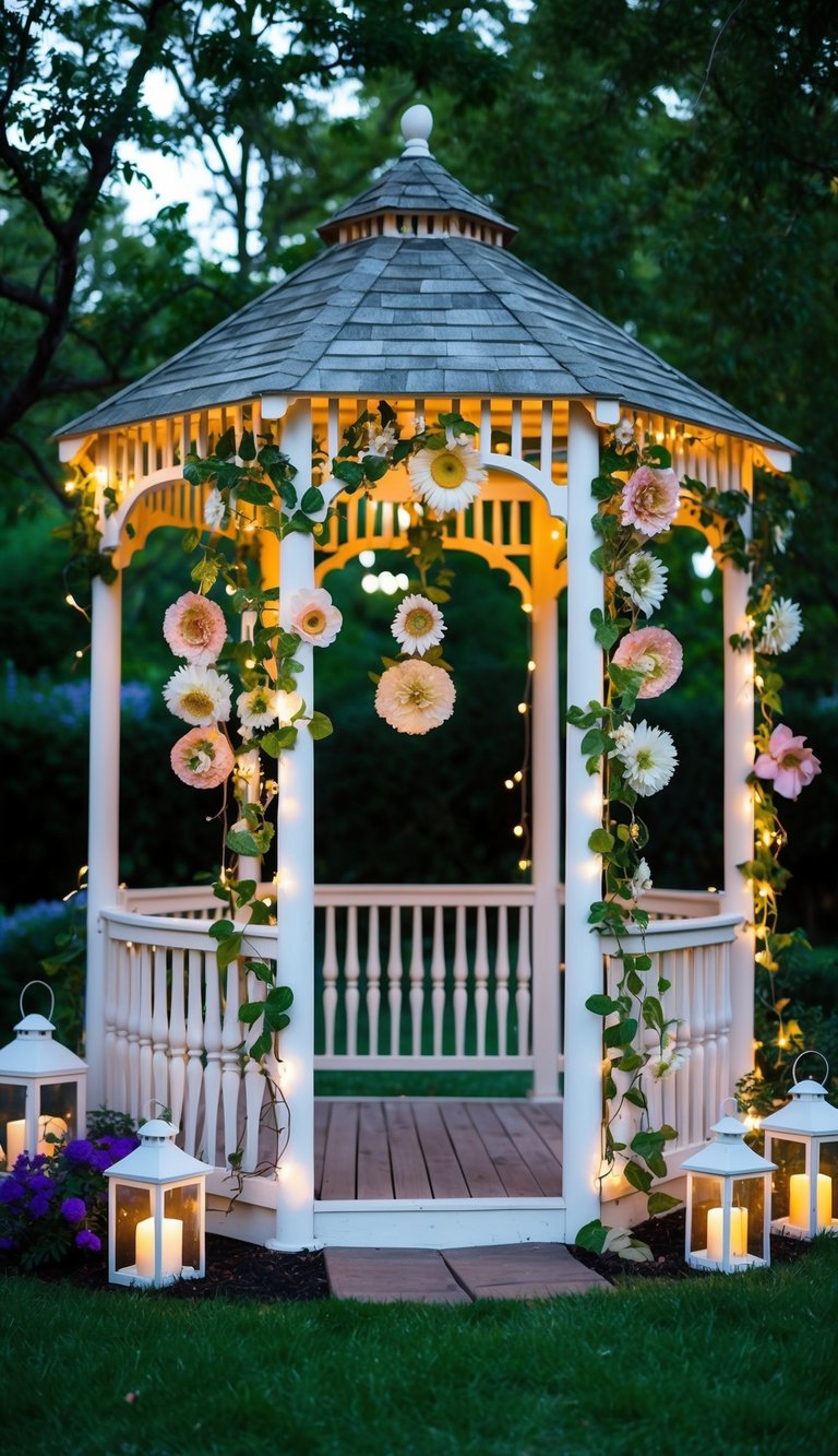 A garden gazebo adorned with hanging pressed flowers and vines, surrounded by whimsical lanterns and fairy lights