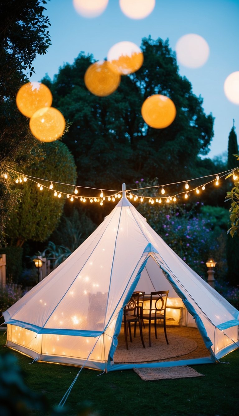 A clear tent glows with starry lighting in a whimsical garden setting