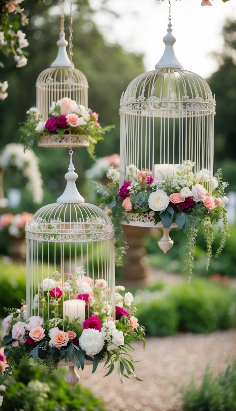 Ornate birdcages filled with flowers adorn a whimsical garden wedding